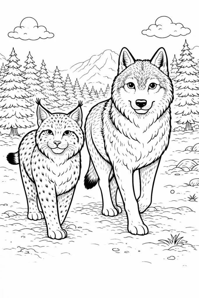 10+ Luchs Ausmalbilder (Kostenlos Malvorlage zum Ausdrucken) Luchs und Wolf laufen nebeneinander durch einen Kiefernwald als Ausmalbild zum Ausdrucken für Kinder und Erwachsene zum kreativen Ausmalen.