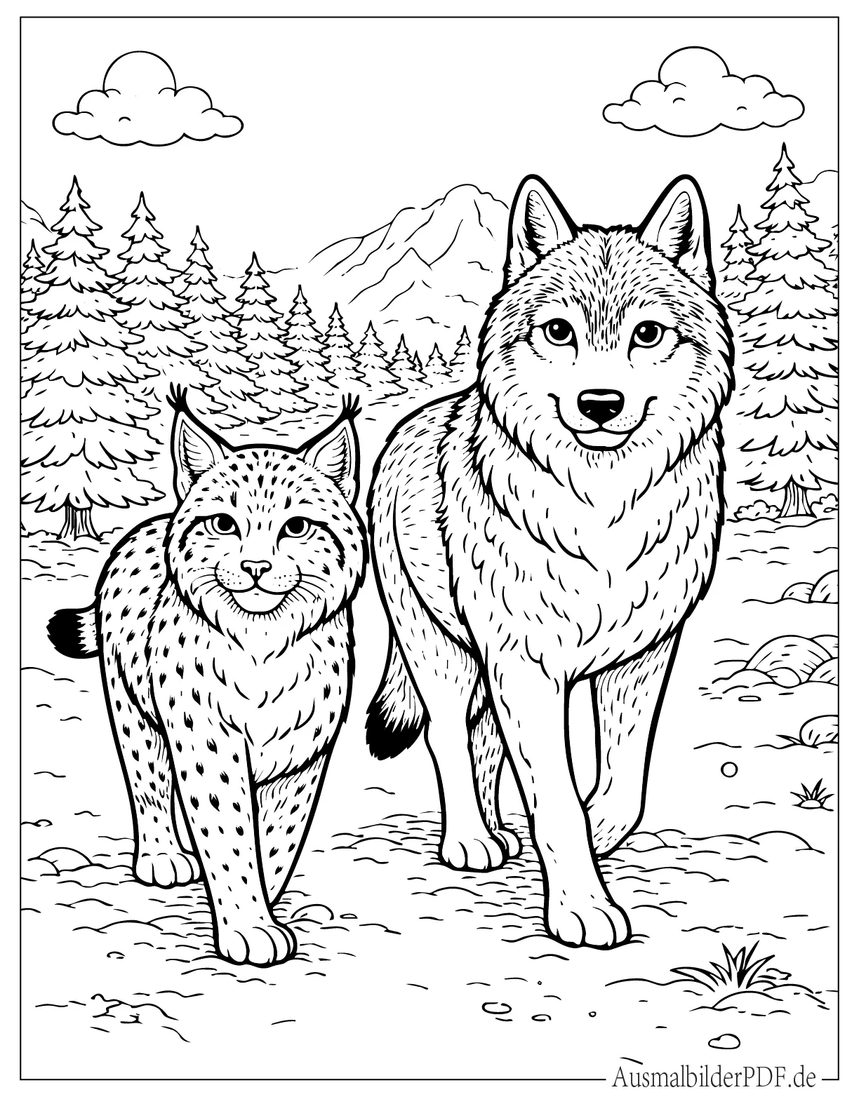 Luchs und Wolf laufen im Wald Malvorlage