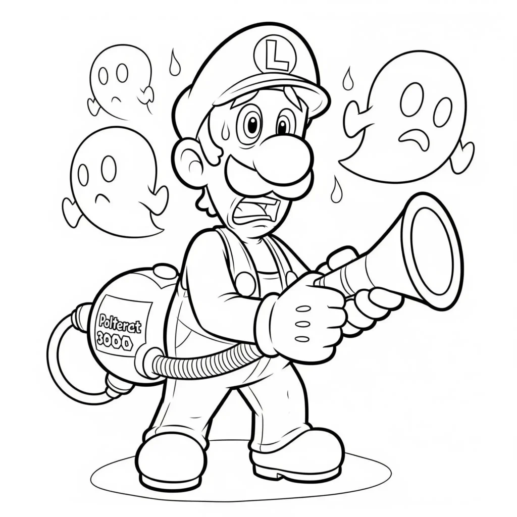 Luigi in Luigi’s Mansion Malvorlage zum Ausdrucken, ideal für kleine Fans und kreative Kinder