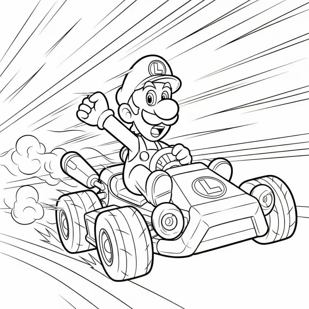 Luigi im Kart auf der Rennbahn als Ausmalbild zum Ausdrucken für Kinder und Erwachsene, erhältlich als kostenlose PDF Malvorlage