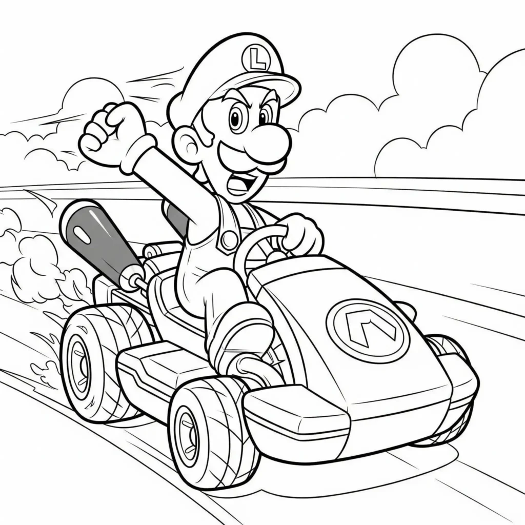 Luigi sitzt im Kart und fährt, eine spaßige Vorlage zum Ausmalen für Kinder