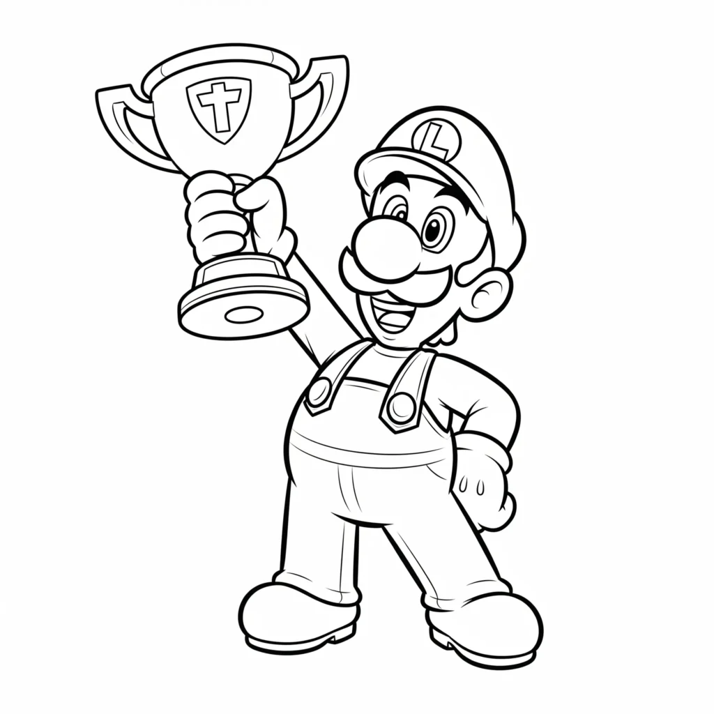 Luigi hält stolz einen Pokal, Ausmalbild zum Ausdrucken und Ausmalen für Kinder