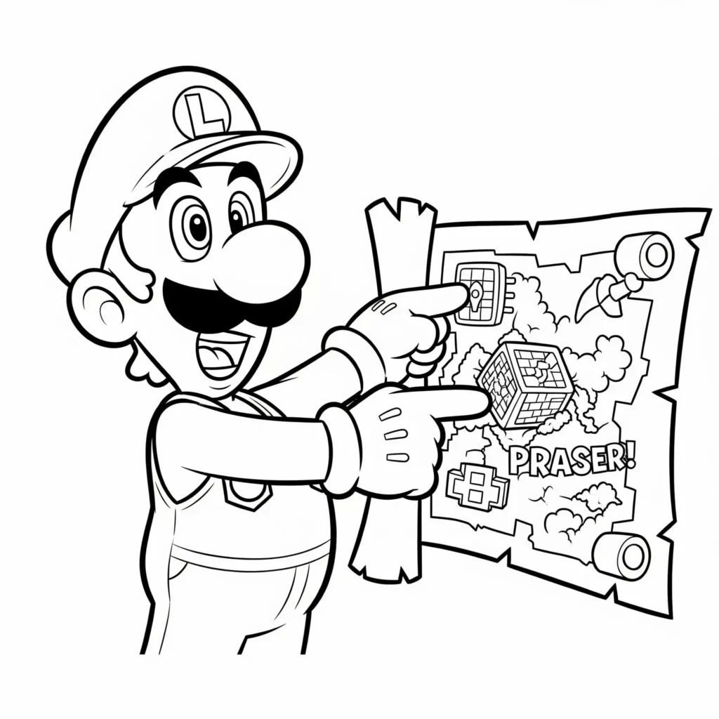 Luigi hält eine Schatzkarte, Ausmalvorlage für Kinder zum Ausdrucken und Ausmalen