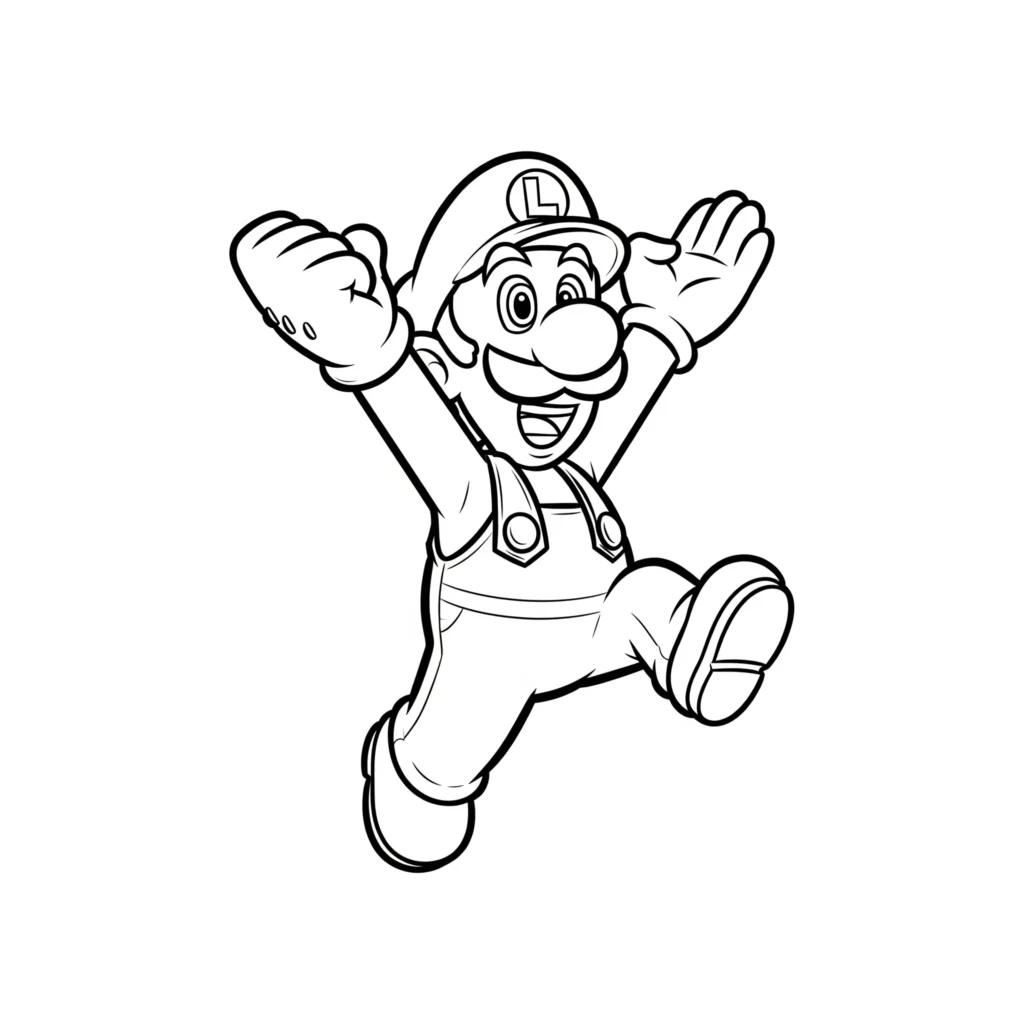 Luigi Ausmalbild beim hohen Sprung, perfekt zum Ausdrucken und Ausmalen für Kinder