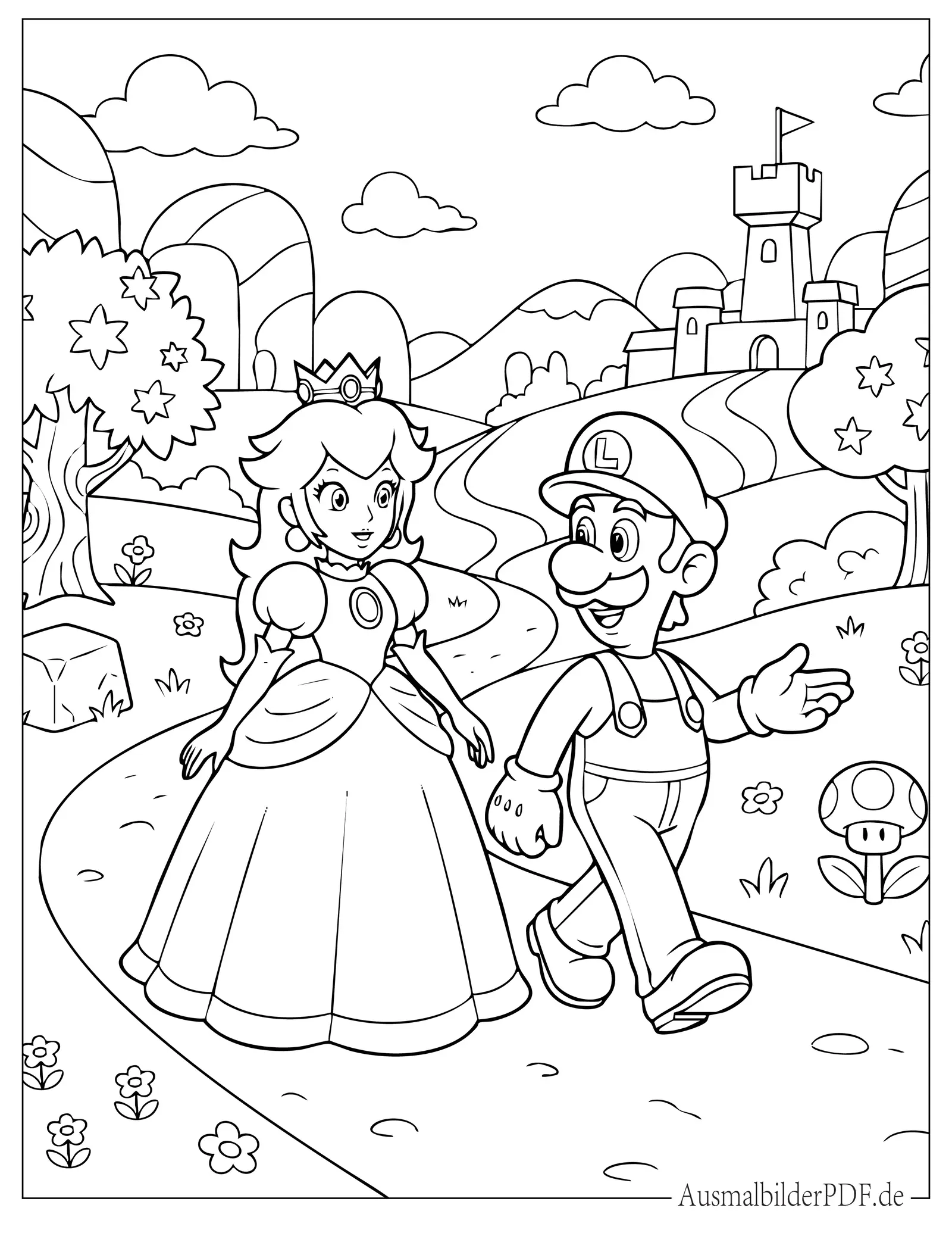 10+ Luigi Ausmalbilder (Kostenlos Malvorlagen zum Ausdrucken) Super Mario Prinzessin Peach und Luigi laufen Ausmalbild
