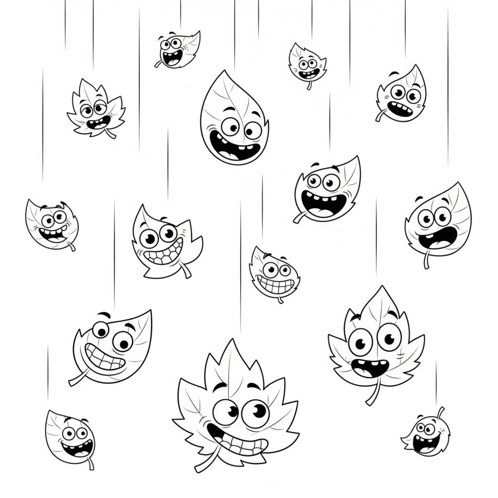 20+ Herbst Ausmalbilder (Kostenlos Malvorlage zum Ausdrucken) Mehrere bunte Cartoon-Blätter mit fröhlichen und lustigen Gesichtern schweben vom Himmel herab. Ein witziges Herbst Ausmalbild für Kinder zum Lachen und Malen.