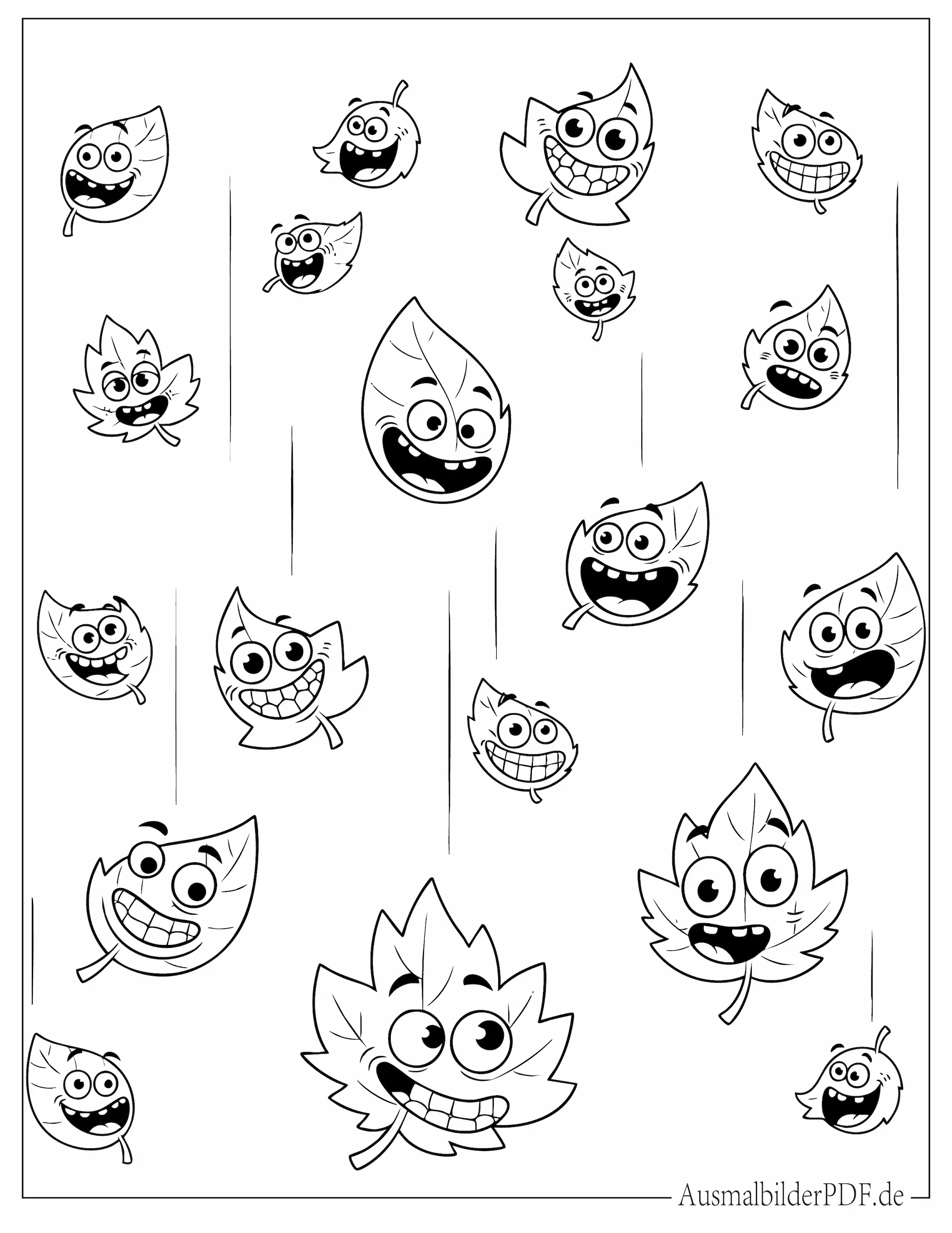 Cartoon Blätter mit lustigen Gesichtern fallen vom Himmel Ausmalbild