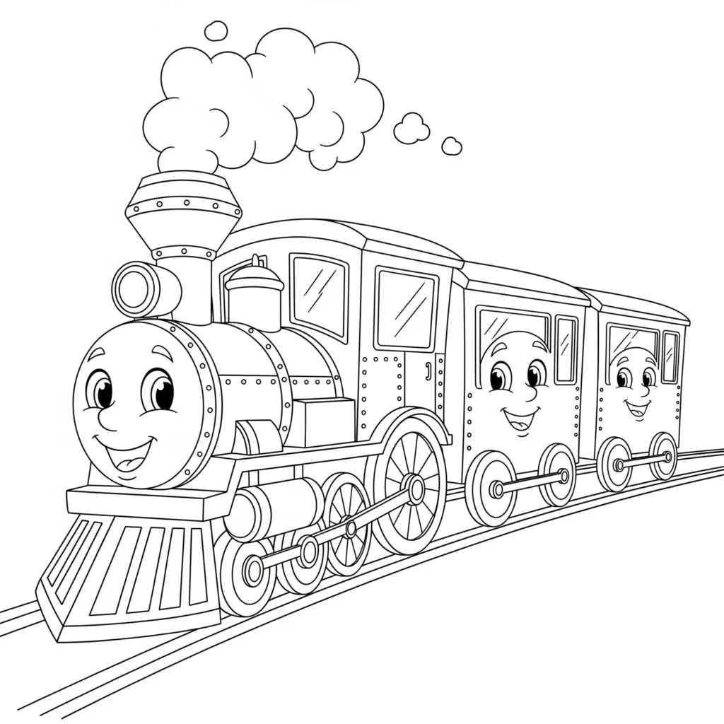 Ausmalbild von einem lustigen Cartoon Zug mit lächelnden Gesichtern zum Ausdrucken für Kinder