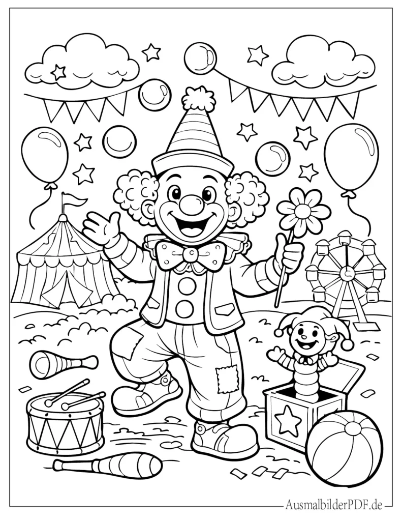 Clown Ausmalbild für Kinder mit fröhlichem Zirkusclown, ideal als Malvorlage zum Ausdrucken und kreativen Ausmalen
