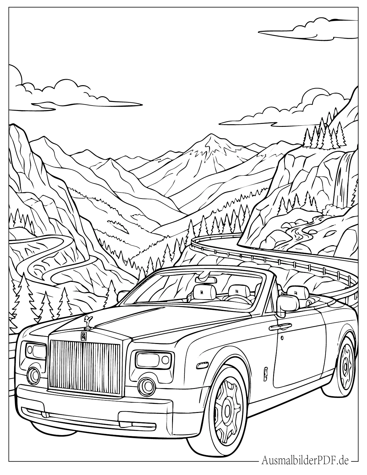 Luxuriöser Rolls Royce Dawn fährt auf Bergstraße Ausmalbild