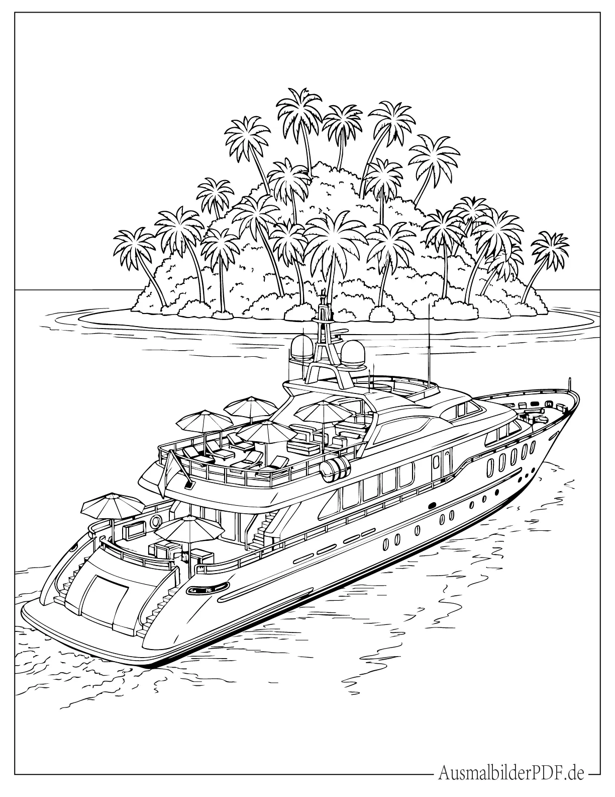 Luxus-Yacht auf tropischer Kreuzfahrt Ausmalbild