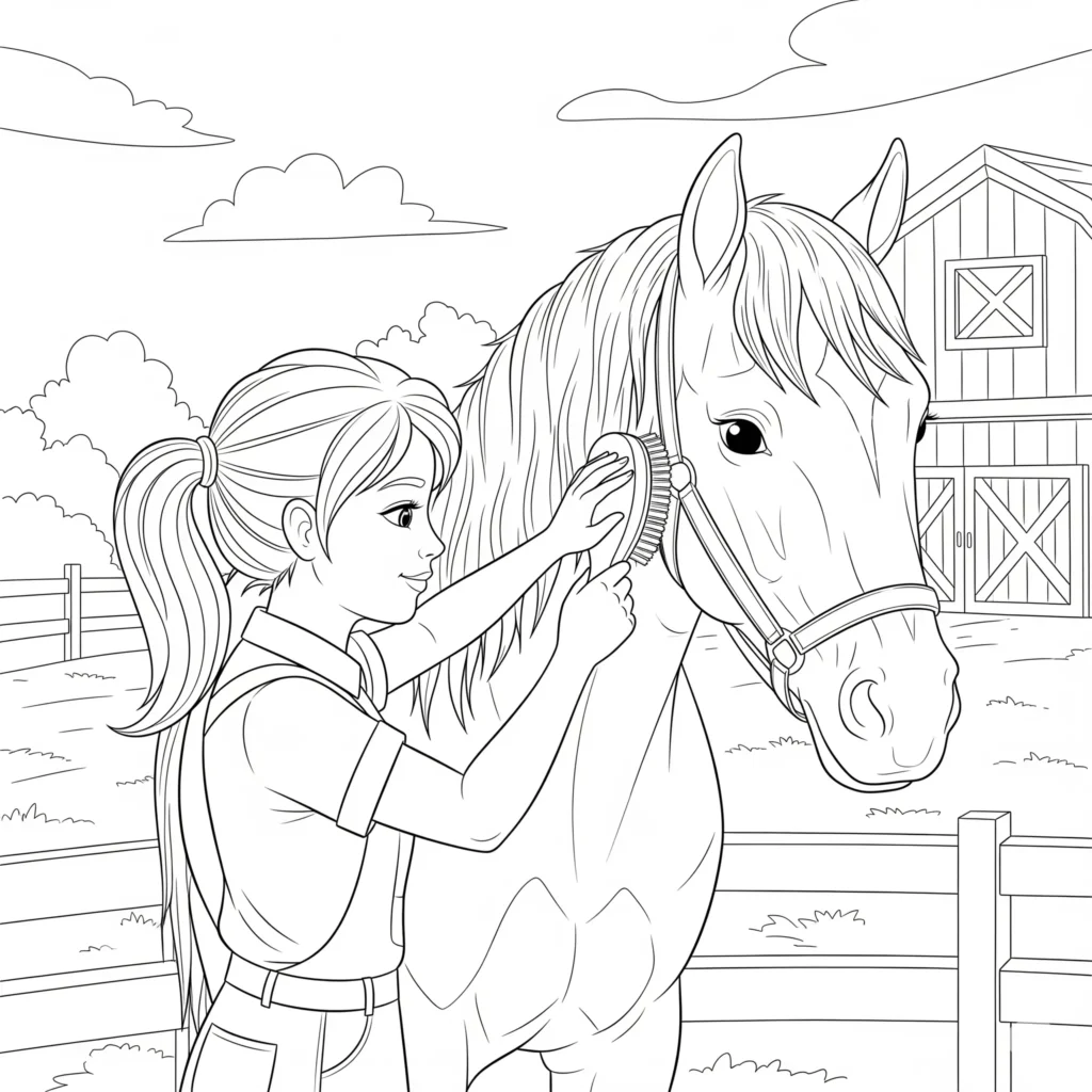pferd ausmalbild zum ausdrucken zeigt ein maedchen das liebevoll die maehne eines pferdes pflegt als ruhige vorlage fuer kinder