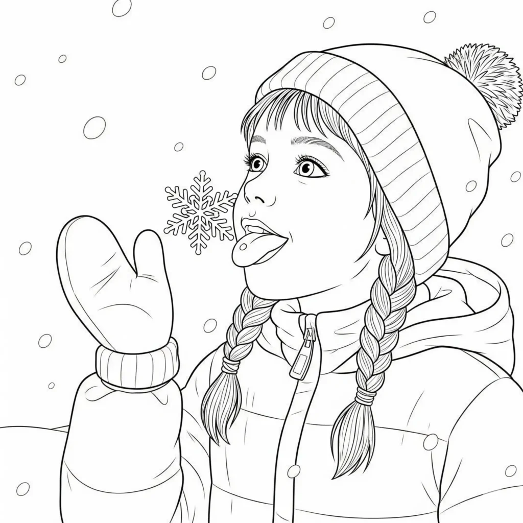 20+ Ausmalbilder Winter (Kostenlos Malvorlage zum Ausdrucken) Motiv zeigt ein lachendes Mädchen mit ausgestreckter Zunge, das im Schnee steht und Schneeflocken fängt. Perfekt zum Ausmalen für Kinder.