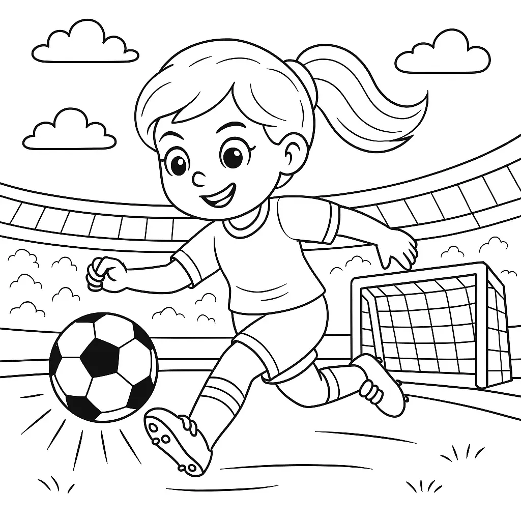 Ausmalbild Fröhliches Mädchen schießt Fußball in ein Tor auf dem Spielfeld, mit Stadionkulisse im Hintergrund.