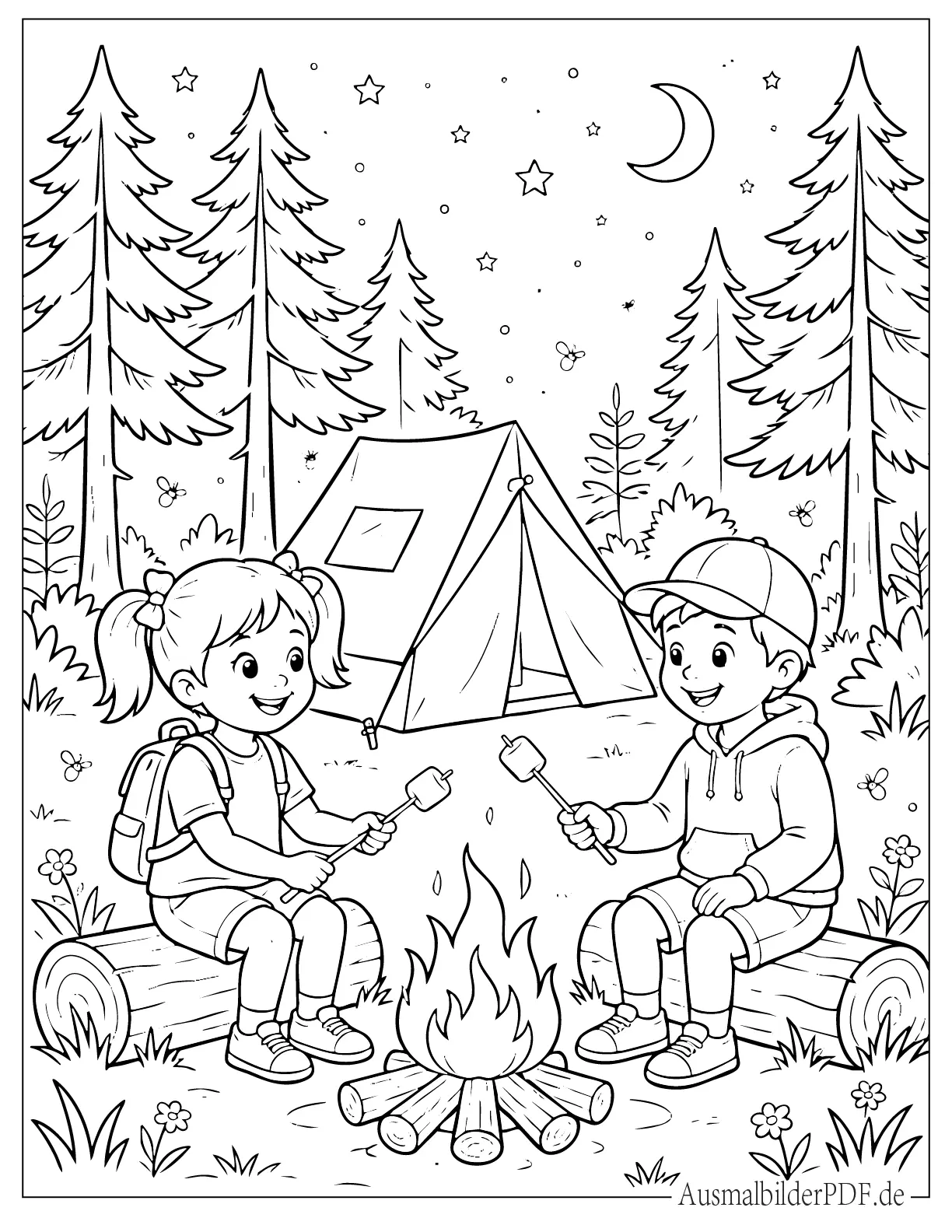 Mädchen und Junge campen im Sommer im Wald mit Lagerfeuer Ausmalbild