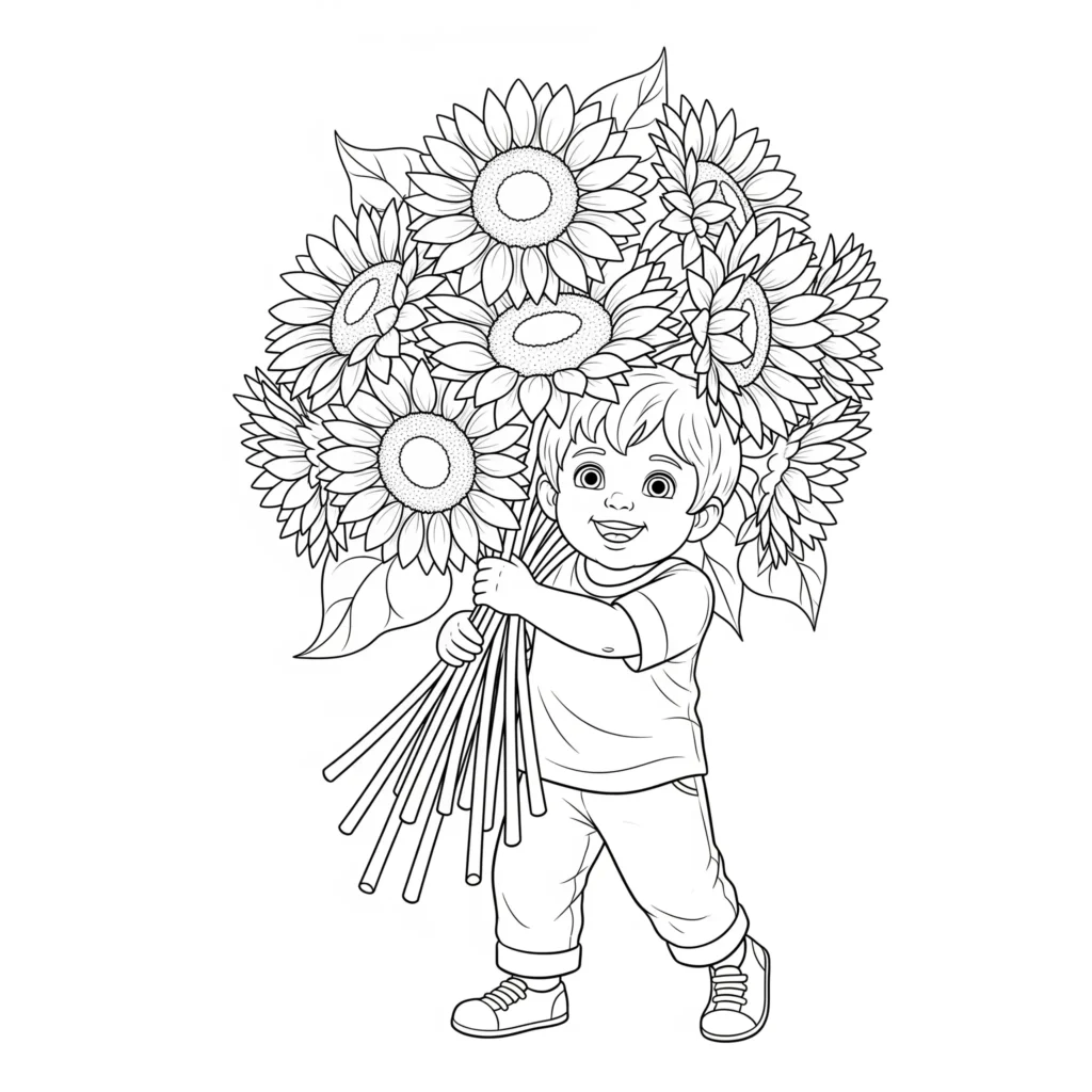 Ausmalbild eines Mädchens, das eine Sonnenblume hält, ideal zum Ausdrucken und Ausmalen für Kinder und Erwachsene