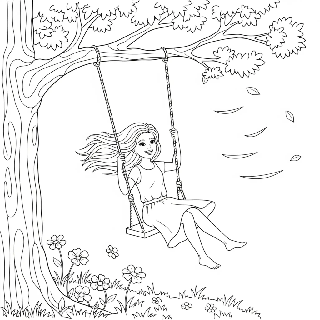 Ein Mädchen schwingt an einem Baum im Sommerwind mit fliegendem Haar und lachendem Gesicht sommer ausmalbilder zum ausdrucken kostenlos für kinder