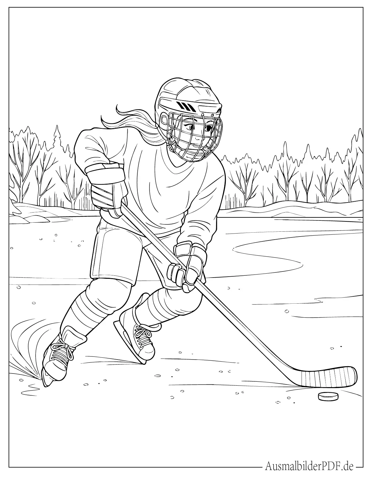 Mädchen spielt Eishockey auf einem See Ausmalvorlage