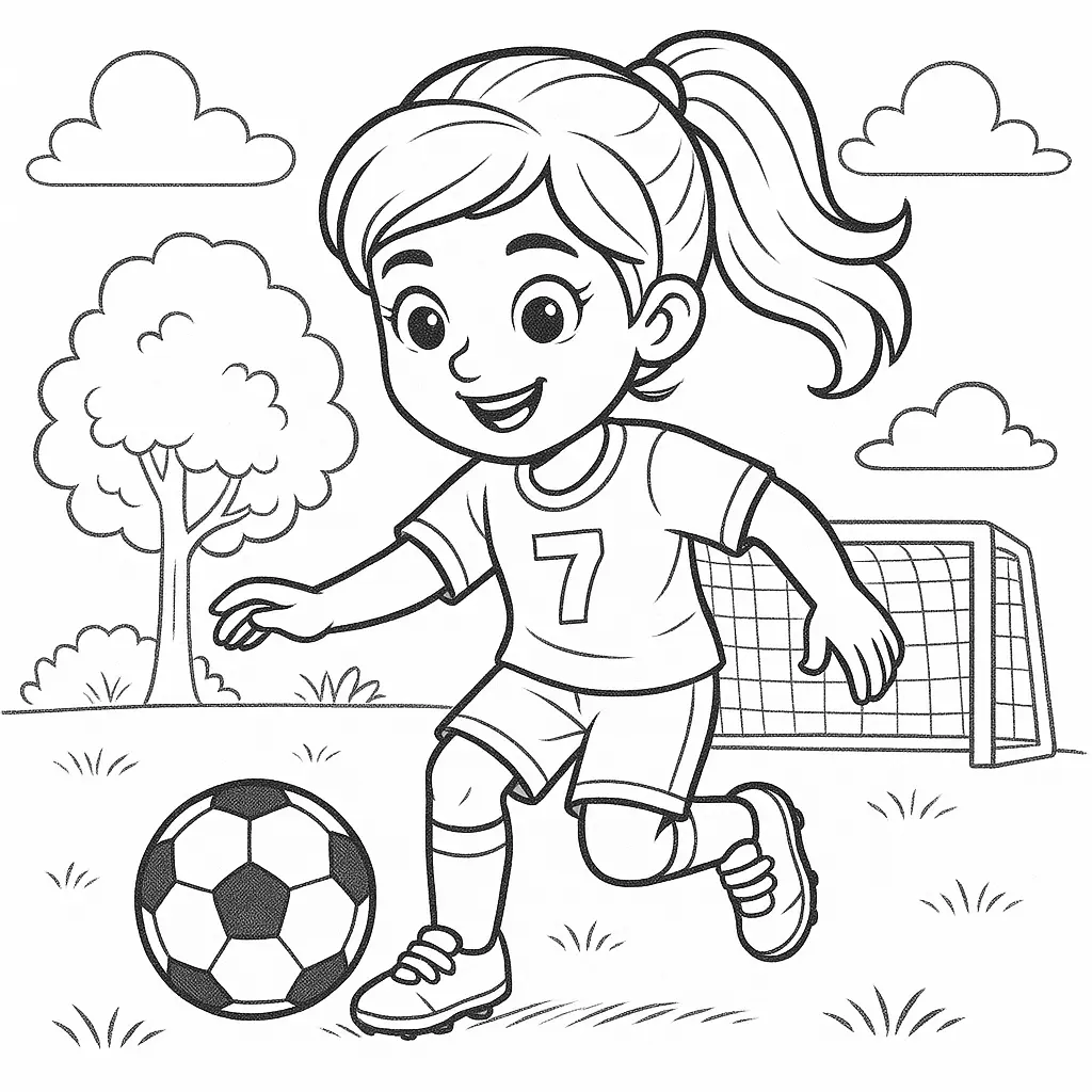 Ausmalbild Mädchen mit Trikot Nummer 7 spielt fröhlich Fußball auf dem Spielfeld mit Ball, Tor und Bäumen im Hintergrund.
