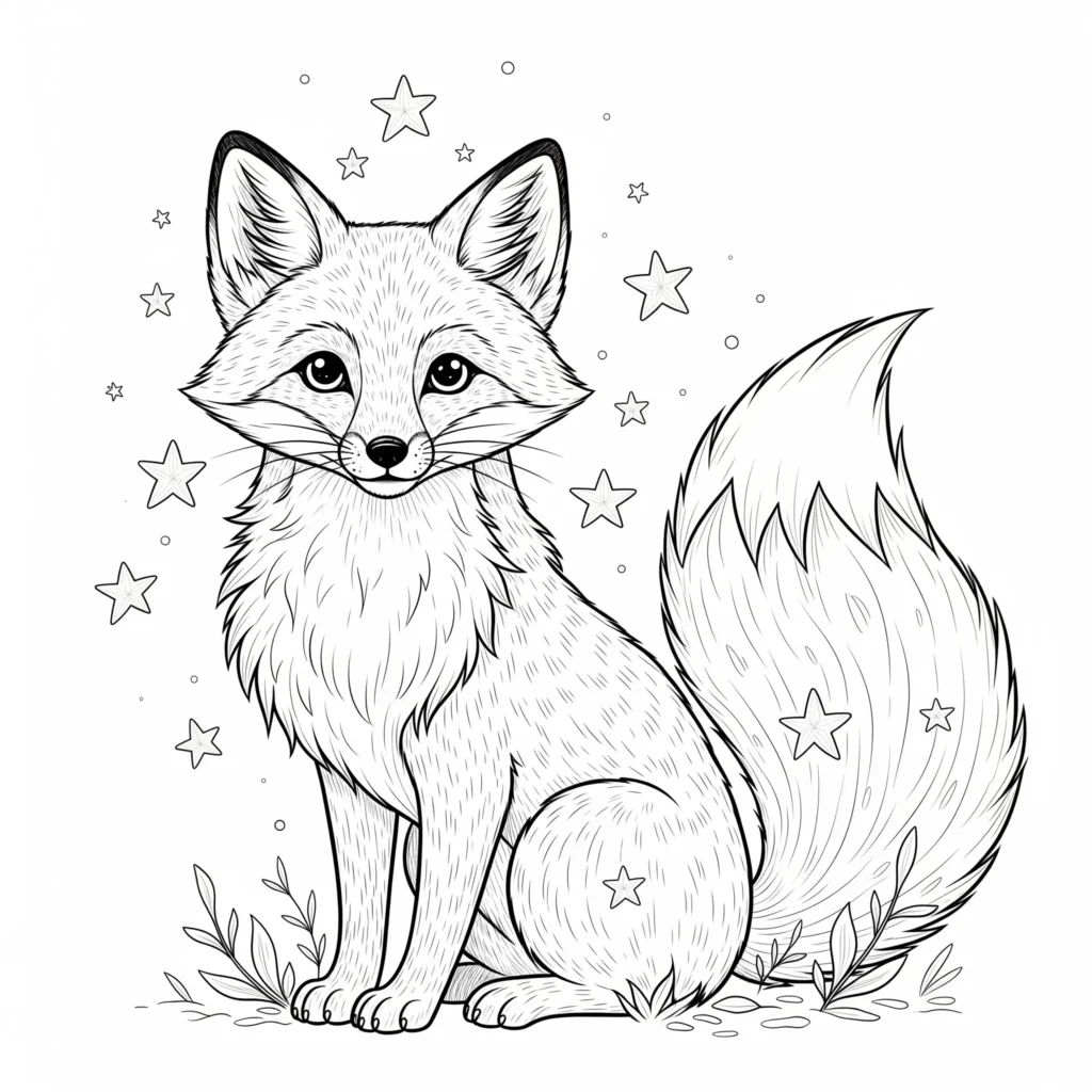 fuchs ausmalbild für kinder mit einem märchenhaften fuchs umgeben von funkelnden sternen und magischen elementen als kreative fantasievorlage zum ausdrucken