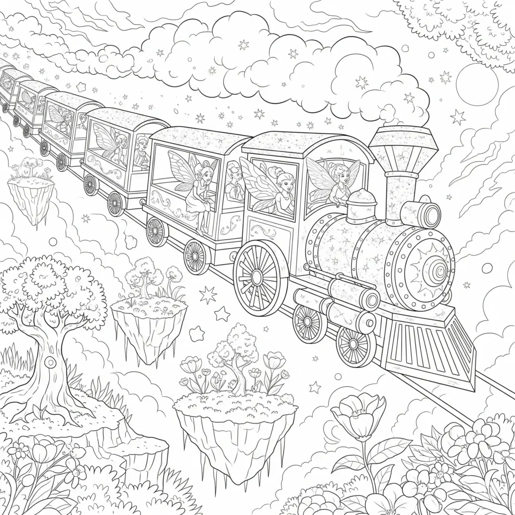 Ausmalbild vom Märchenzug zum Ausdrucken und Ausmalen für Kinder mit fantasievollem Design