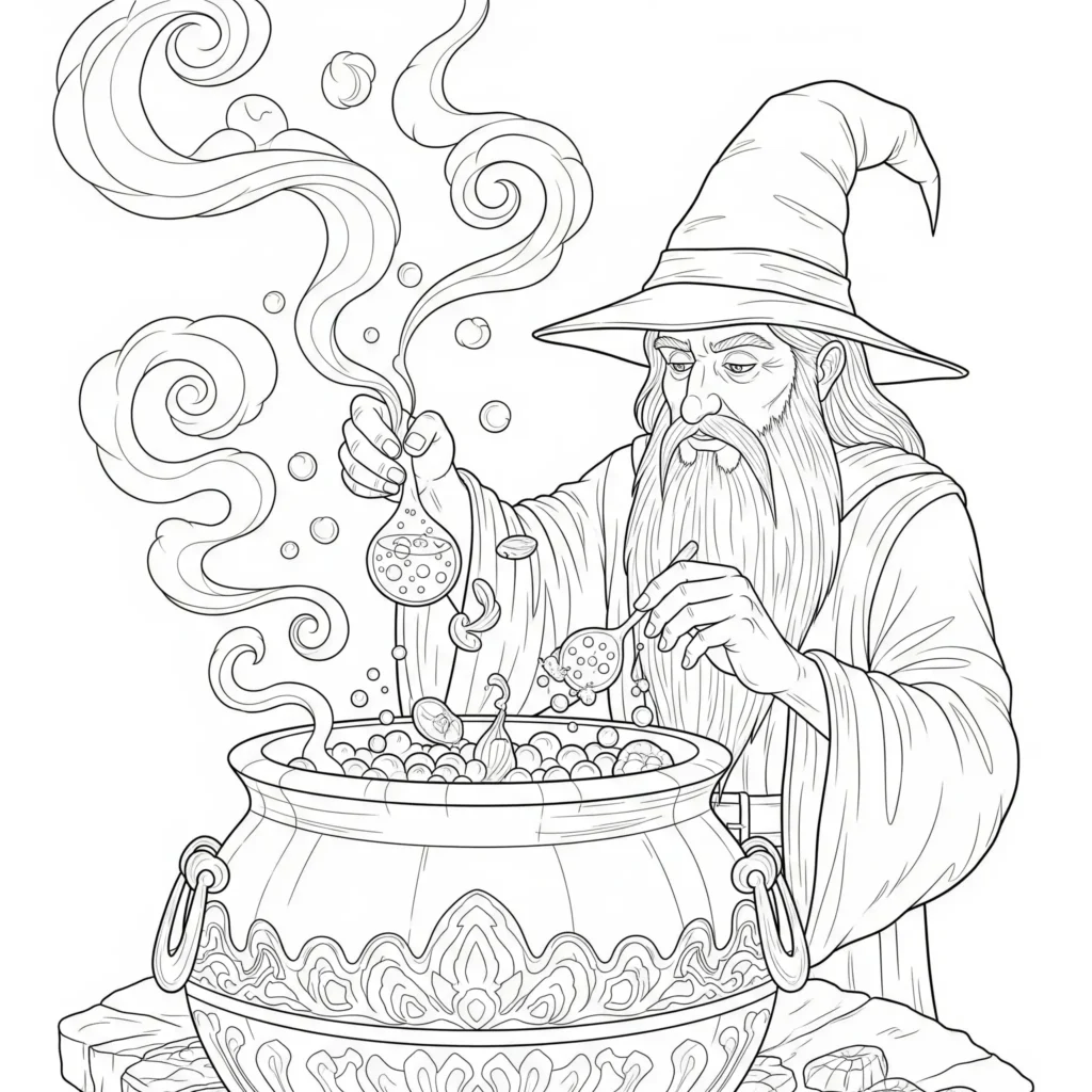 Zauberer Ausmalbilder (Gratis Malvorlage zum Ausdrucken) Magier Ausmalbild zeigt einen Zauberer beim Mischen von Zaubertränken im Kessel – ideale Malvorlage für Kinder im PDF-Format