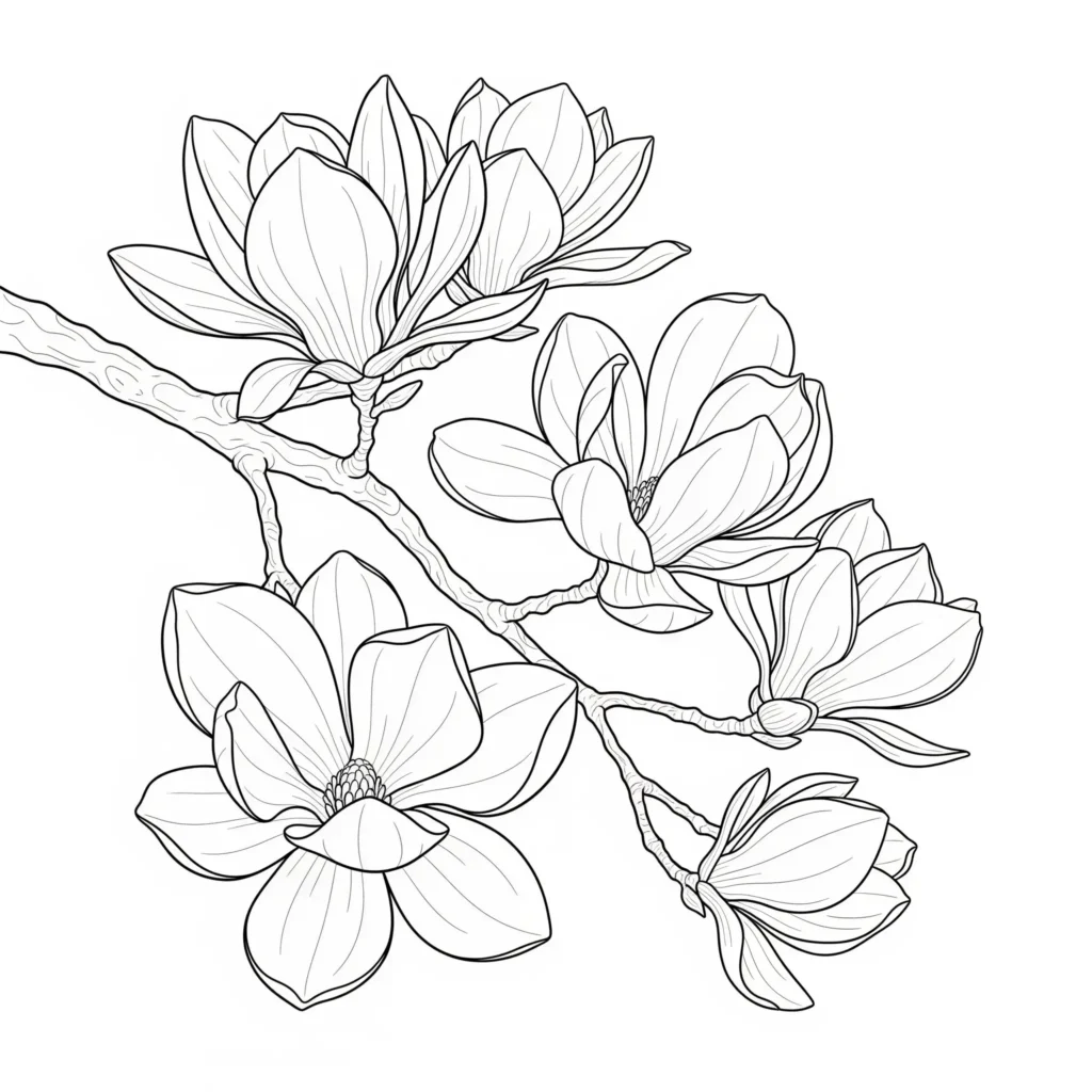30+ Blumen Ausmalbilder (Gratis Malvorlage zum Ausdrucken) Ausmalbild als PDF mit einem Zweig voller Magnolia Blüten zum Ausdrucken für Kinder und Erwachsene