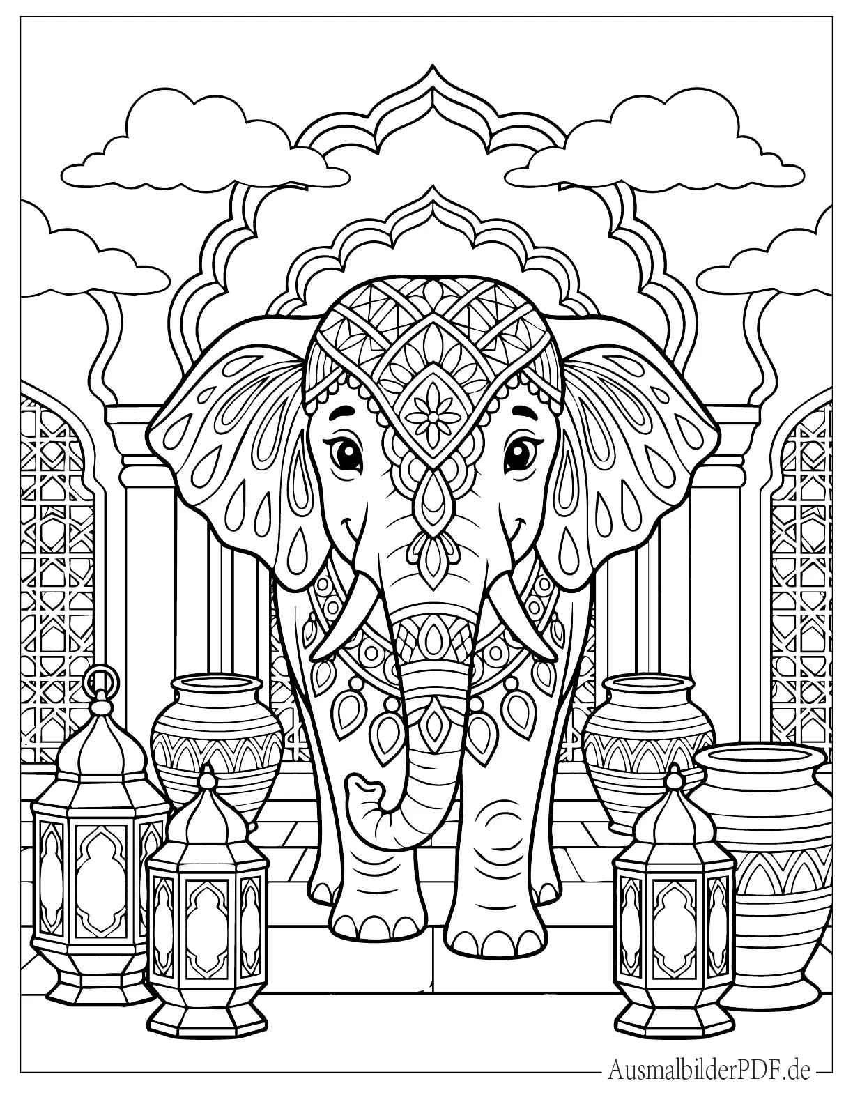 Majestätischer Elefant am Eingang eines indischen Palastes Malvorlage