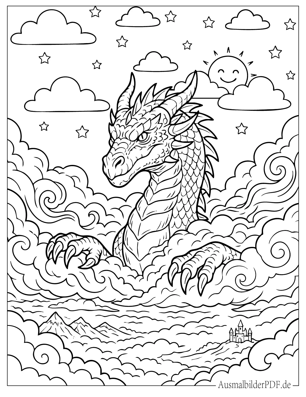 Malvorlage gewaltiger Drache erhebt sich aus Wolken