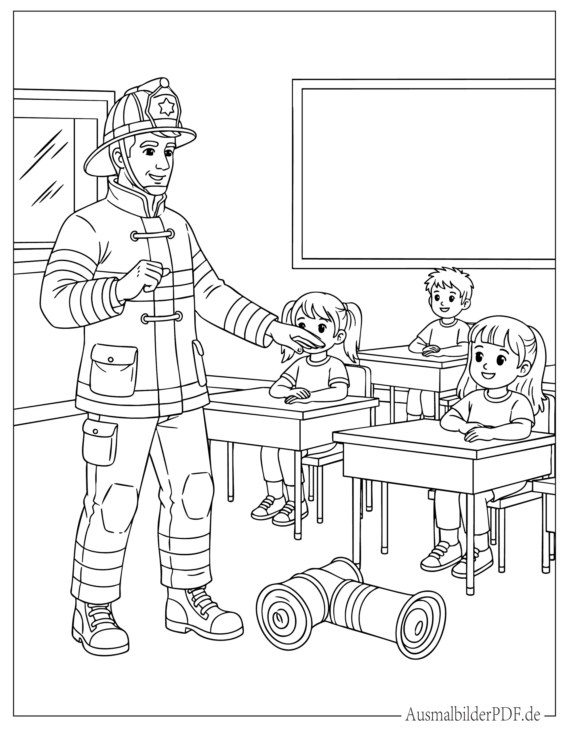 Ausmalbild Feuerwehrmann unterrichtet Kinder im Klassenzimmer
