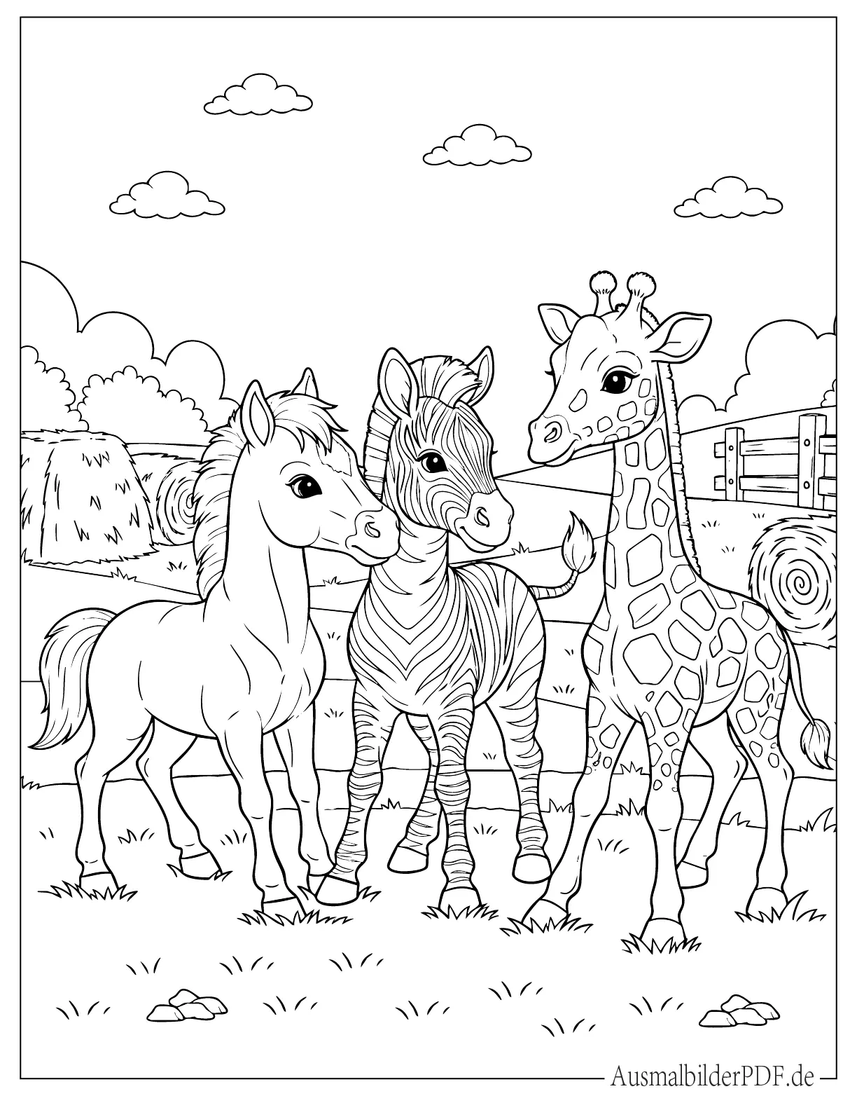 Malvorlage Fohlen mit Baby Zebra und Baby Giraffe auf einem Bauernhof