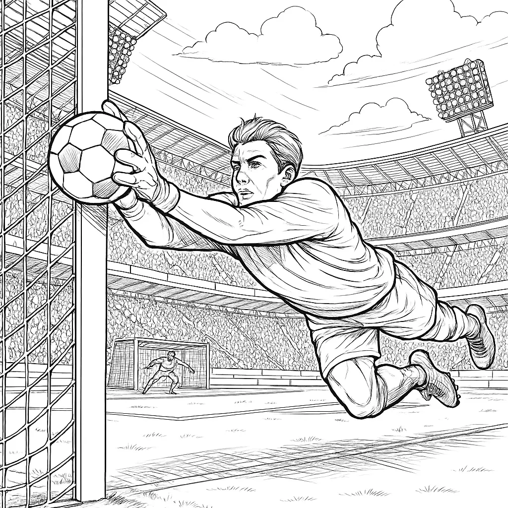 malvorlage Fußballtorwart springt in die Luft und fängt den Ball knapp vor dem Tor, mit vollem Stadion im Hintergrund.