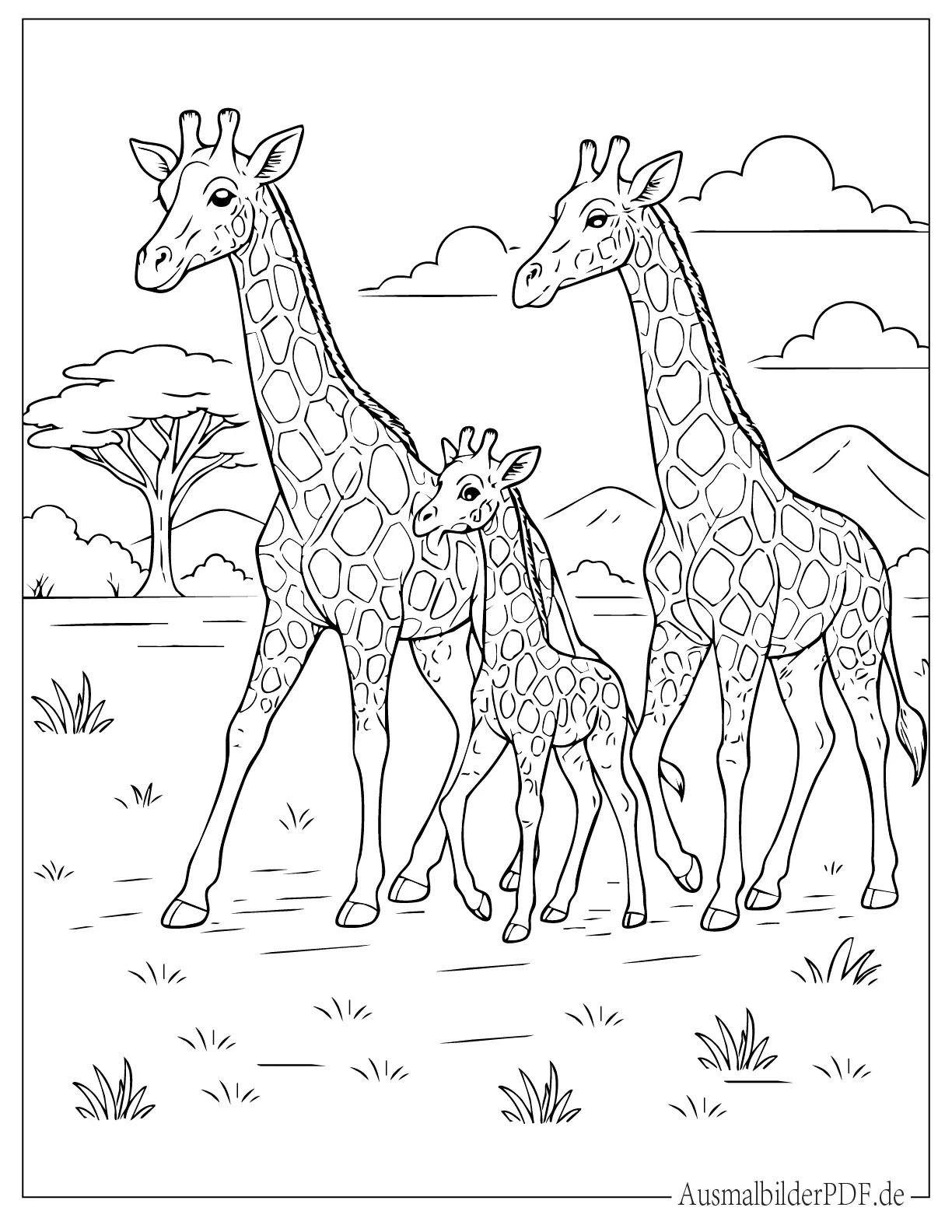 Malvorlage Giraffenfamilie läuft im Dschungel
