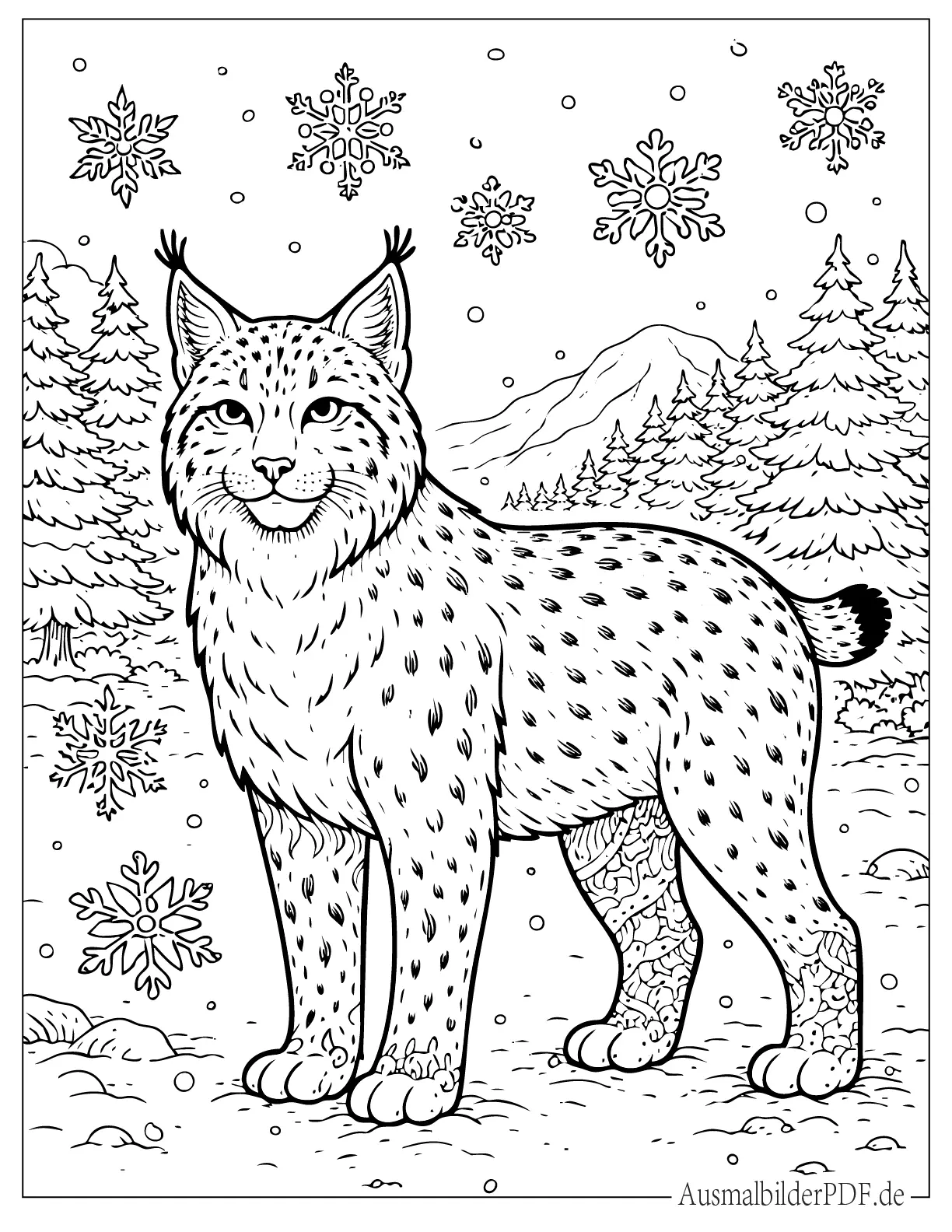 Malvorlage Luchs im Winterwald mit Schneeflocken