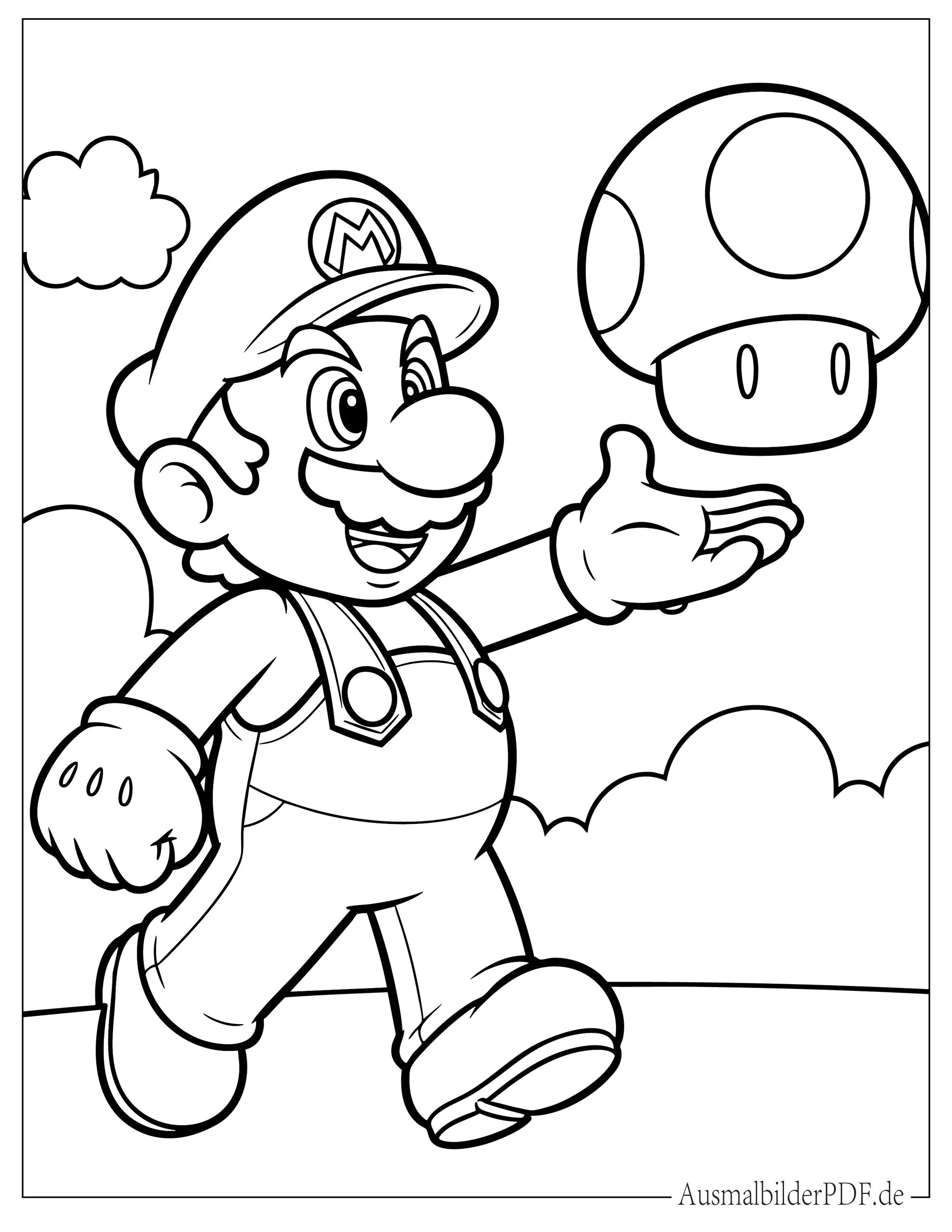 Malvorlage von Mario mit einem Power-Up Pilz zum Ausdrucken