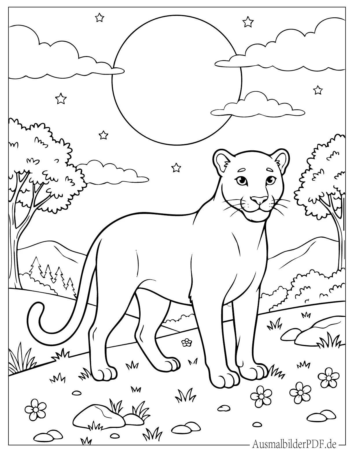 Malvorlage Panther steht unter dem Vollmond