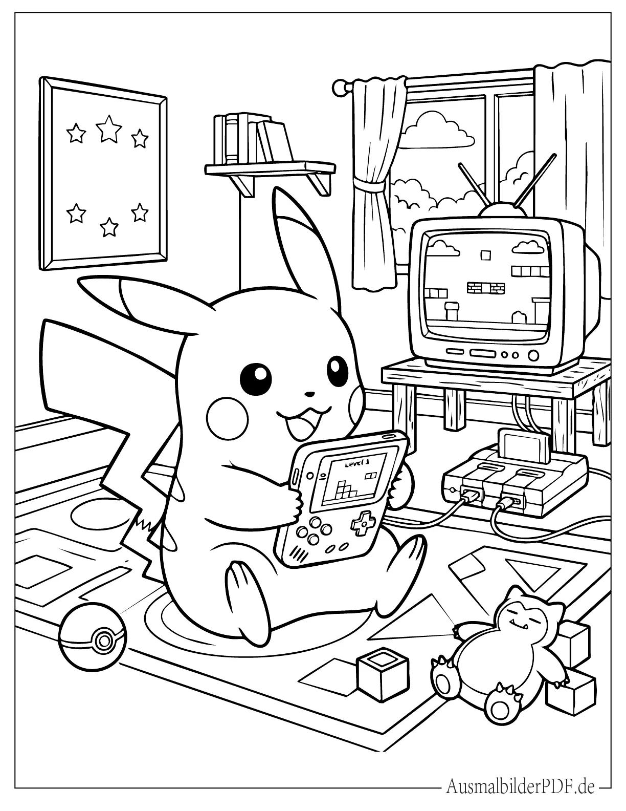 Malvorlage Pikachu beim Videospielspielen