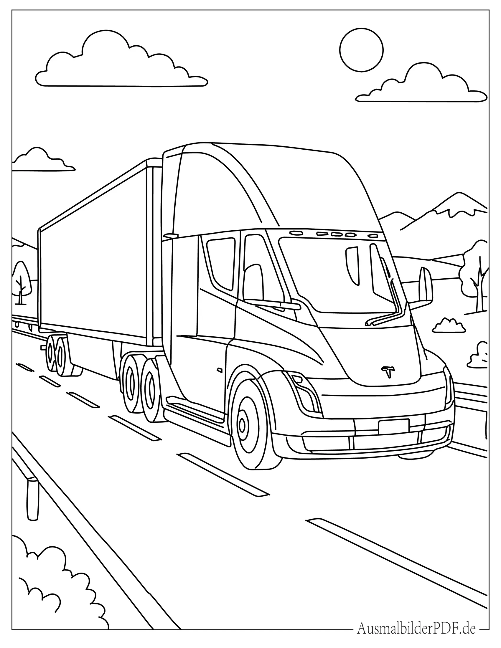 Malvorlage Tesla Semi Lkw fährt auf der Straße