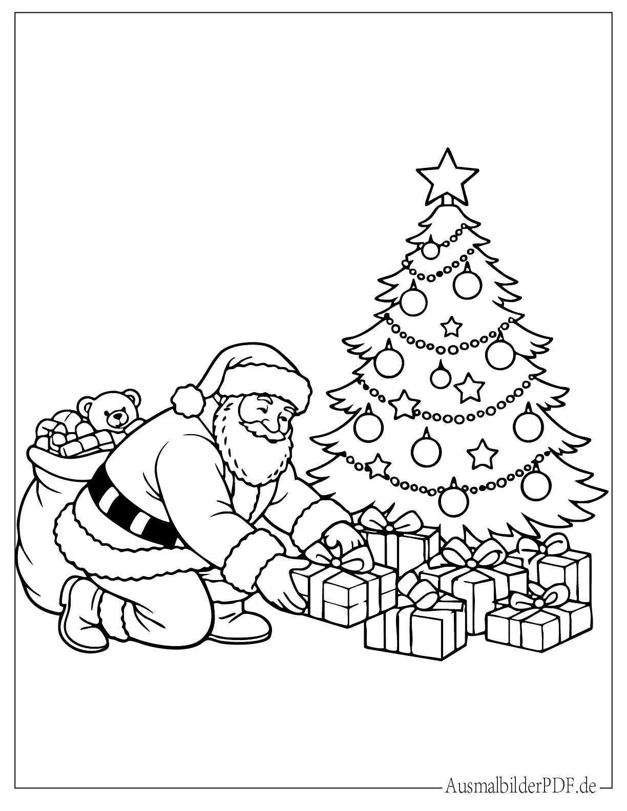 Malvorlage Weihnachtsmann legt Geschenke unter den Weihnachtsbaum