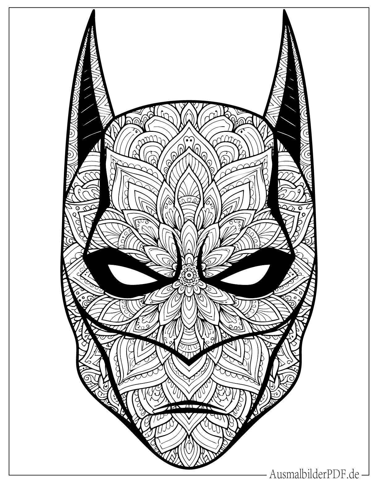Komplexe Mandala Darstellung einer Batman Maske mit symmetrischen Mustern und feinen Details für kreatives Ausmalen.