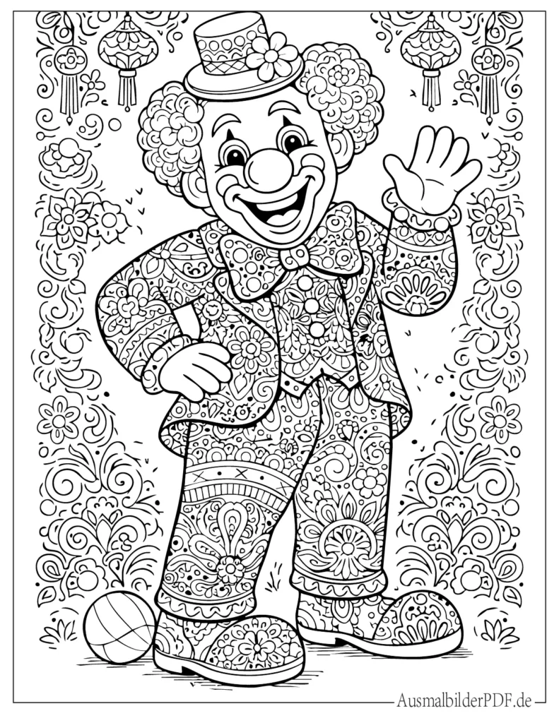 Ausmalbild eines Clowns im Mandala-Stil mit dekorativen Mustern, kreative Malvorlage für Kinder und Erwachsene
