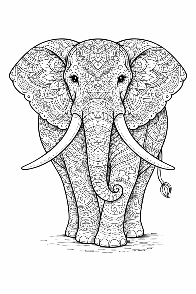 Detailreicher Mandala Elefant als kreative Ausmalvorlage Kinder und Erwachsene zu entspannter Kreativität ein
