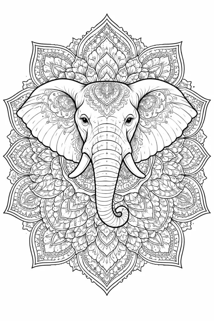 Diese kunstvolle druckvorlage verbindet Mandala Muster mit einem eleganten Elefantenmotiv. Ideal zum Ausdrucken für Erwachsene und kreative Pausen.