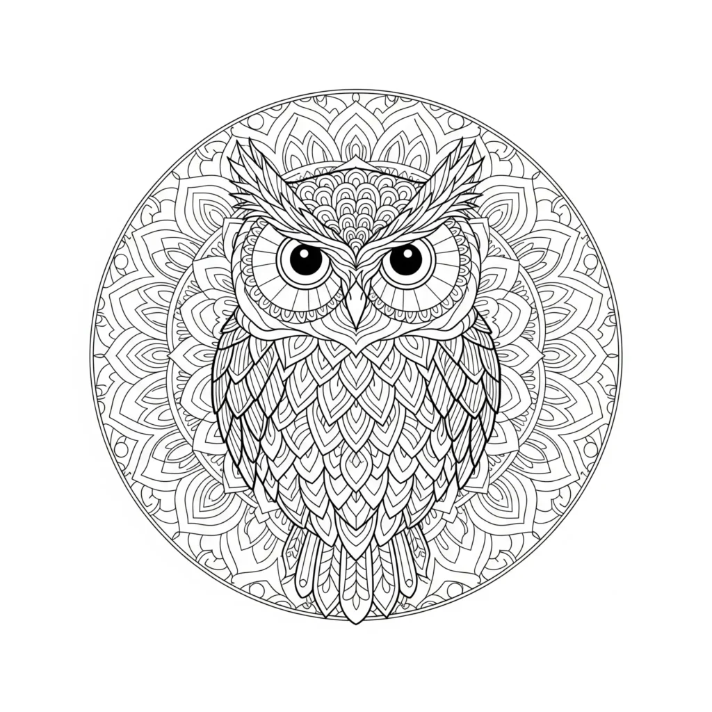 Mandala mit Eulenmotiv als Malvorlage für Kinder und Erwachsene zum Ausdrucken im PDF-Format