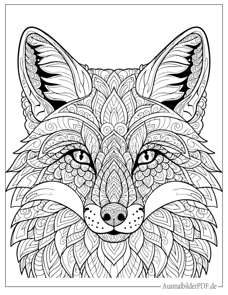 Detailreiches Ausmalbild eines Fuchs Kopf Mandalas für Erwachsene, komplexe Muster zum Entspannen und kreativen Ausmalen