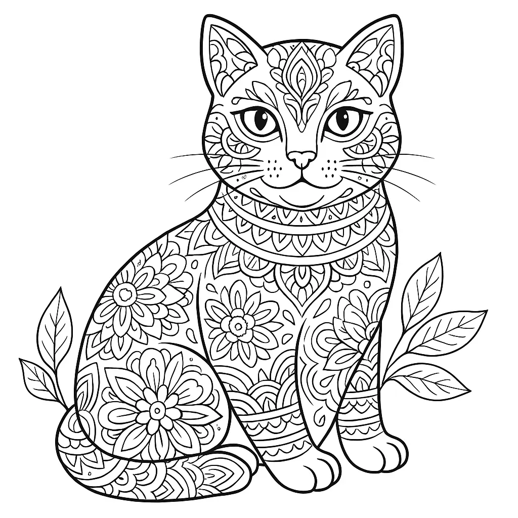 Ausmalbild einer sitzenden Katze mit komplexen Mandala-Mustern auf dem Körper