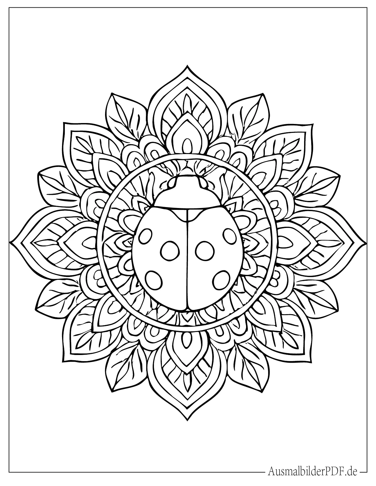 Runder Marienkäfer im Mandala Stil mit dekorativen Formen und ruhigen Details zum Ausmalen