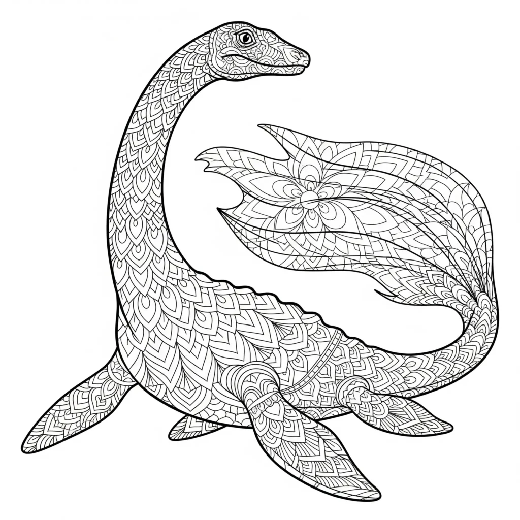 Mandala Plesiosaurus Ausmalbild mit detaillierten Mustern als PDF Malvorlage für Kinder und Erwachsene