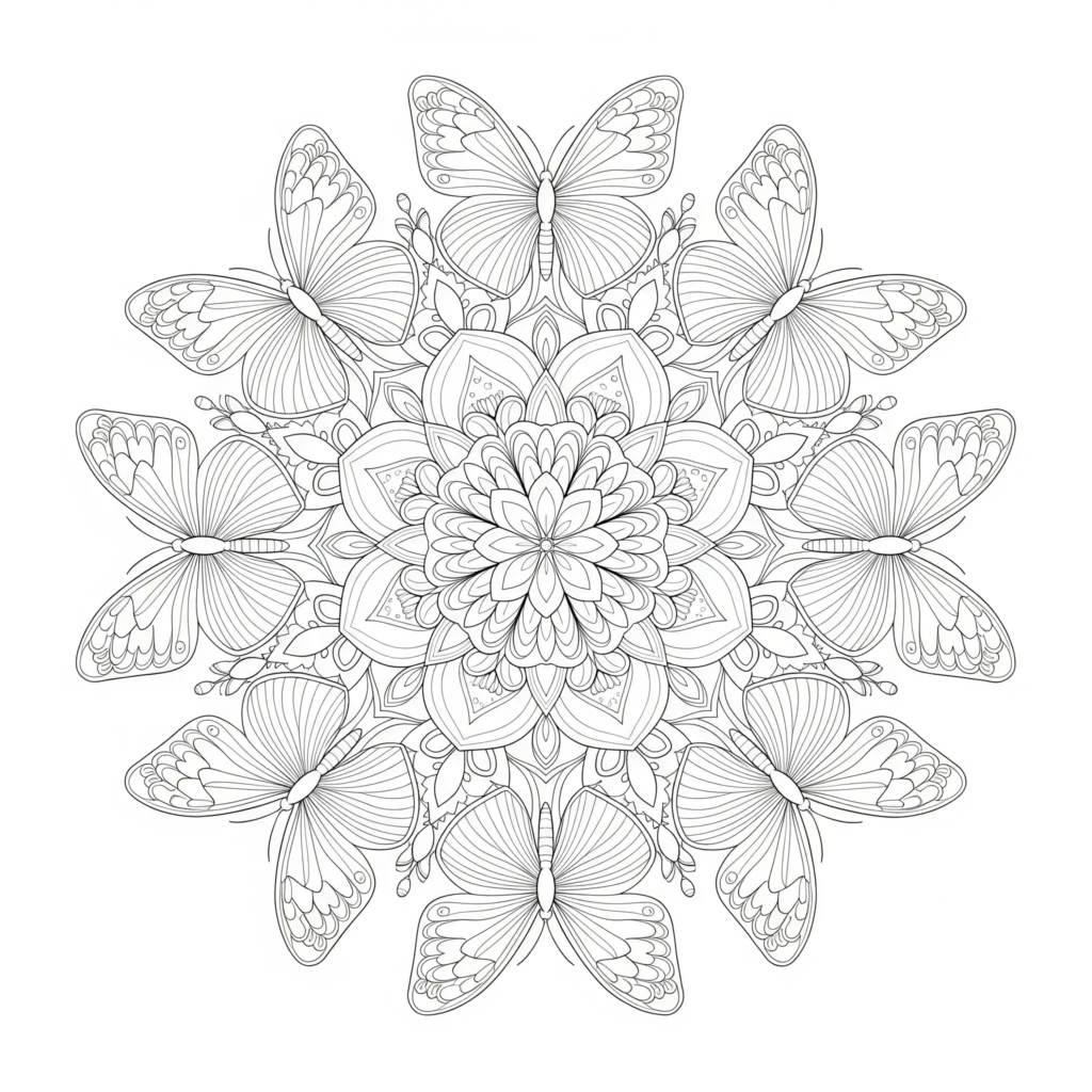 30+ Schmetterling Ausmalbilder (Gratis Malvorlage zum drucken) Eine Mandala-Malvorlage mit einem Schmetterlingsmotiv, die zum Ausmalen und Entspannen für Kinder und Erwachsene geeignet ist.