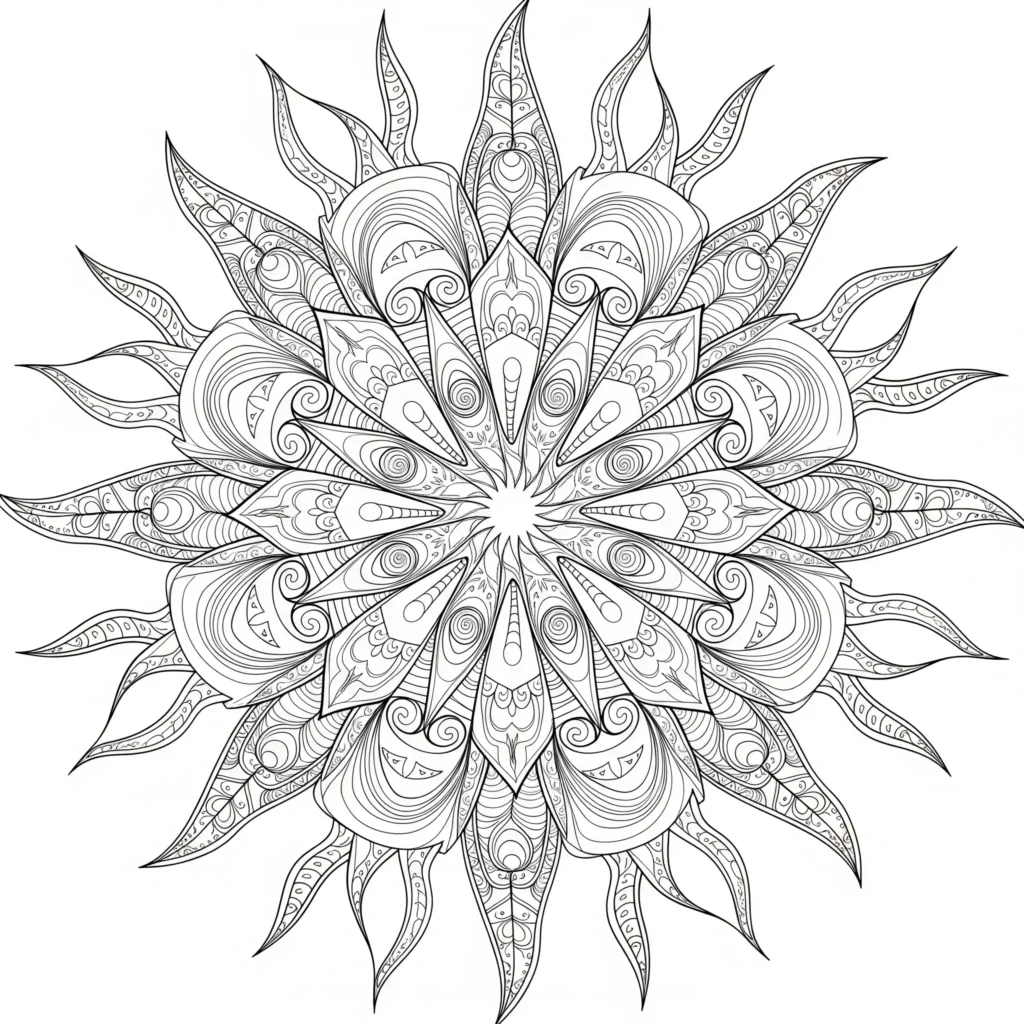 Malvorlage einer detaillierten Mandala Sonne zum Ausdrucken und Ausmalen für Erwachsene zur Entspannung und Kreativität